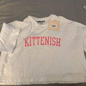 Kittenish Women’s Tee in White with Pink Logo
Size small